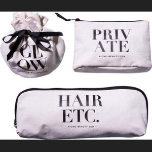 Set of 3 Canvas Zip Pouch bags - Natural with Black Text NWT